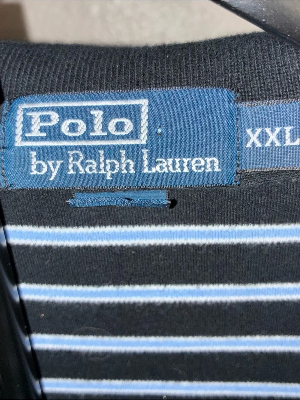 Ralph Lauren Black with Light Blue Striped Polo Featuring Red Pony